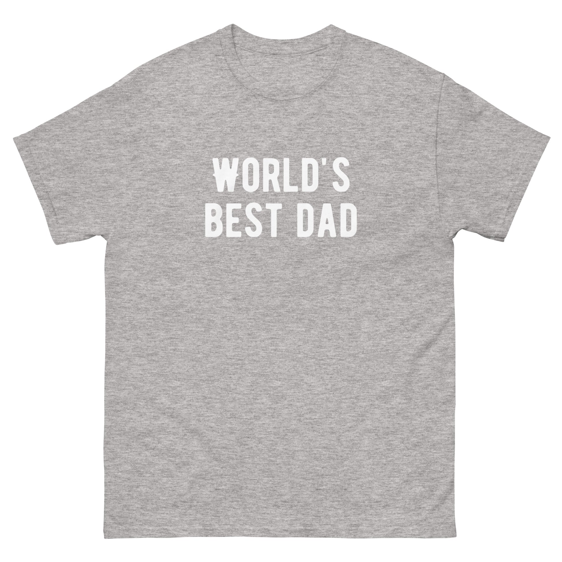 The FunnyDripStore Worlds Best Dad T-Shirt in navy features WORLDS BEST DAD in bold white letters, with the W styled as a mustache—a funny, unique gift for dads who love humorous clothing.