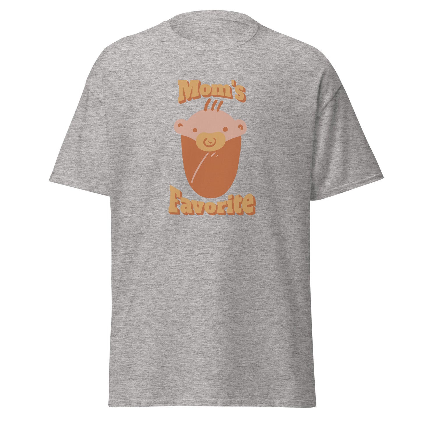 FunnyDripStore’s Moms Favorite T-Shirt in black features a cartoon baby face with a pacifier and “Moms Favorite” text in light brown—a playful, funny tee perfect for anyone who loves to show off their sense of humor!.