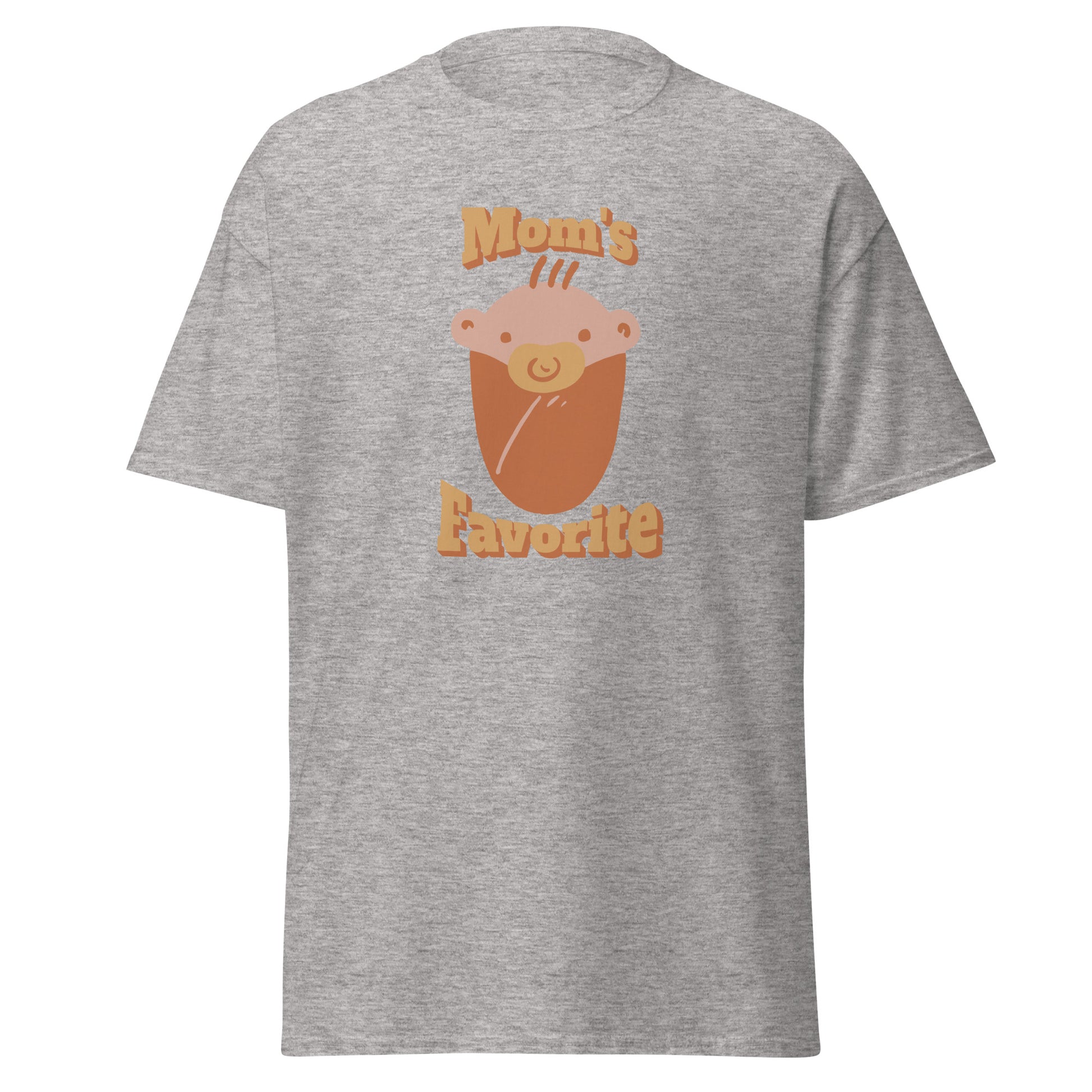 FunnyDripStore’s Moms Favorite T-Shirt in black features a cartoon baby face with a pacifier and “Moms Favorite” text in light brown—a playful, funny tee perfect for anyone who loves to show off their sense of humor!.