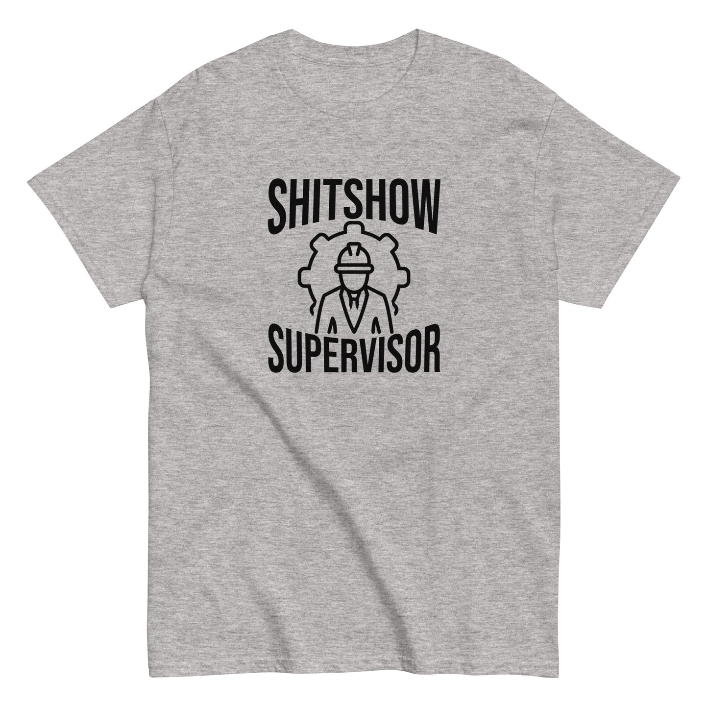 The Shitshow Supervisor T-Shirt by FunnyDripStore features “SHITSHOW SUPERVISOR” in white and a supervisor line drawing—perfect funny merch for meme lovers seeking humor tees.