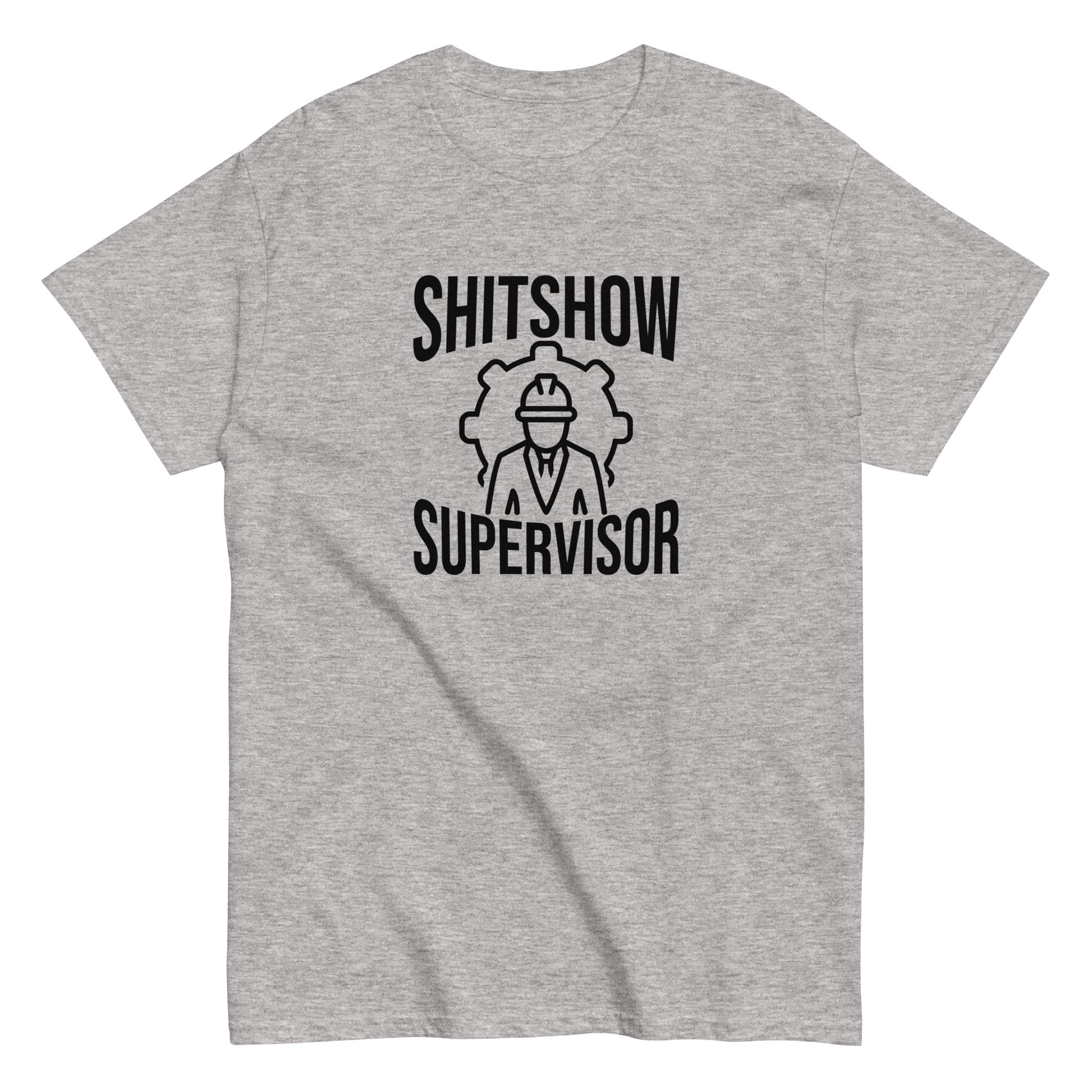 The Shitshow Supervisor T-Shirt by FunnyDripStore features “SHITSHOW SUPERVISOR” in white and a supervisor line drawing—perfect funny merch for meme lovers seeking humor tees.