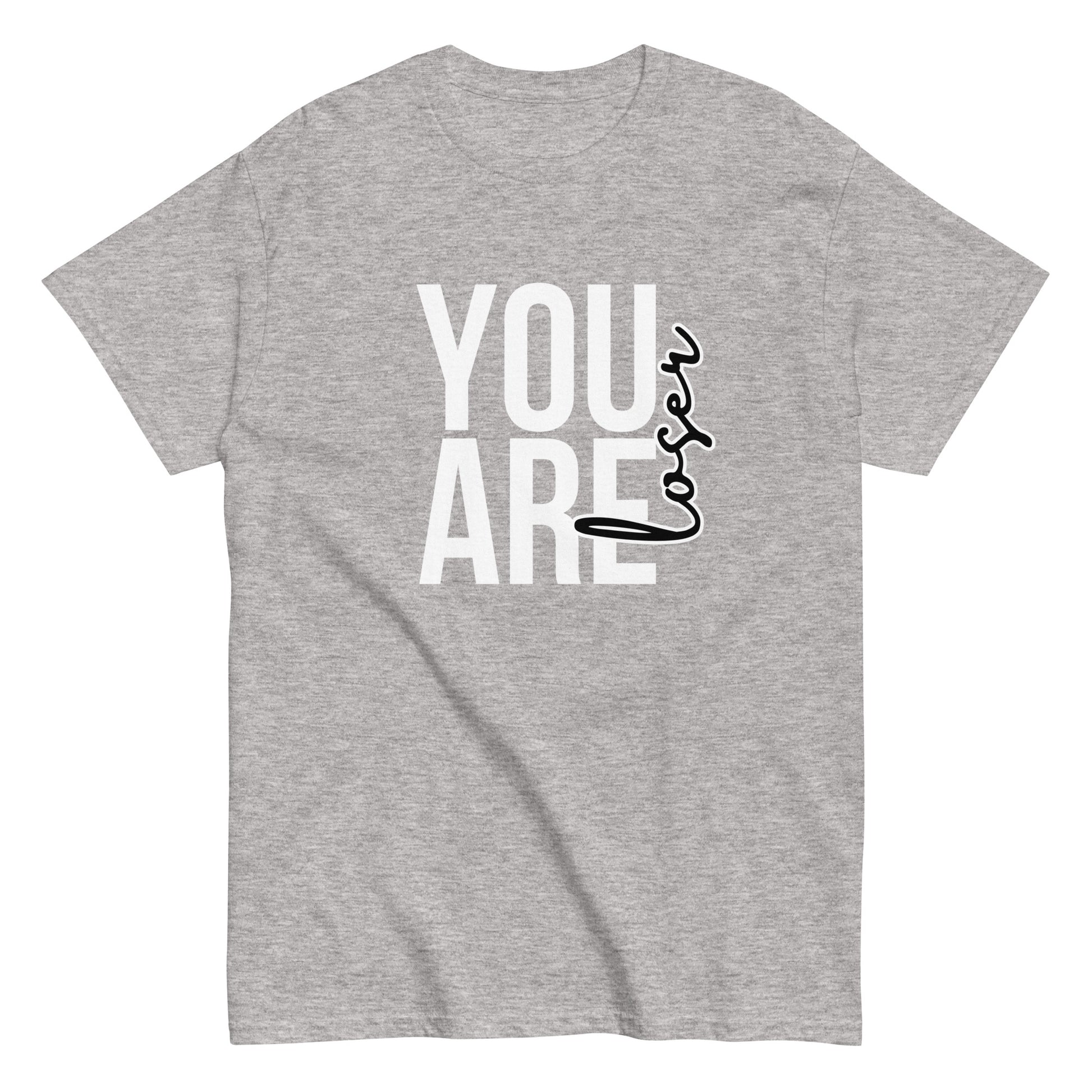 The black “You Are Loser T-Shirt” by FunnyDripStore features bold white YOU ARE text with “loser” in playful cursive overlapping—a cheeky, uplifting take on classic funny tees.