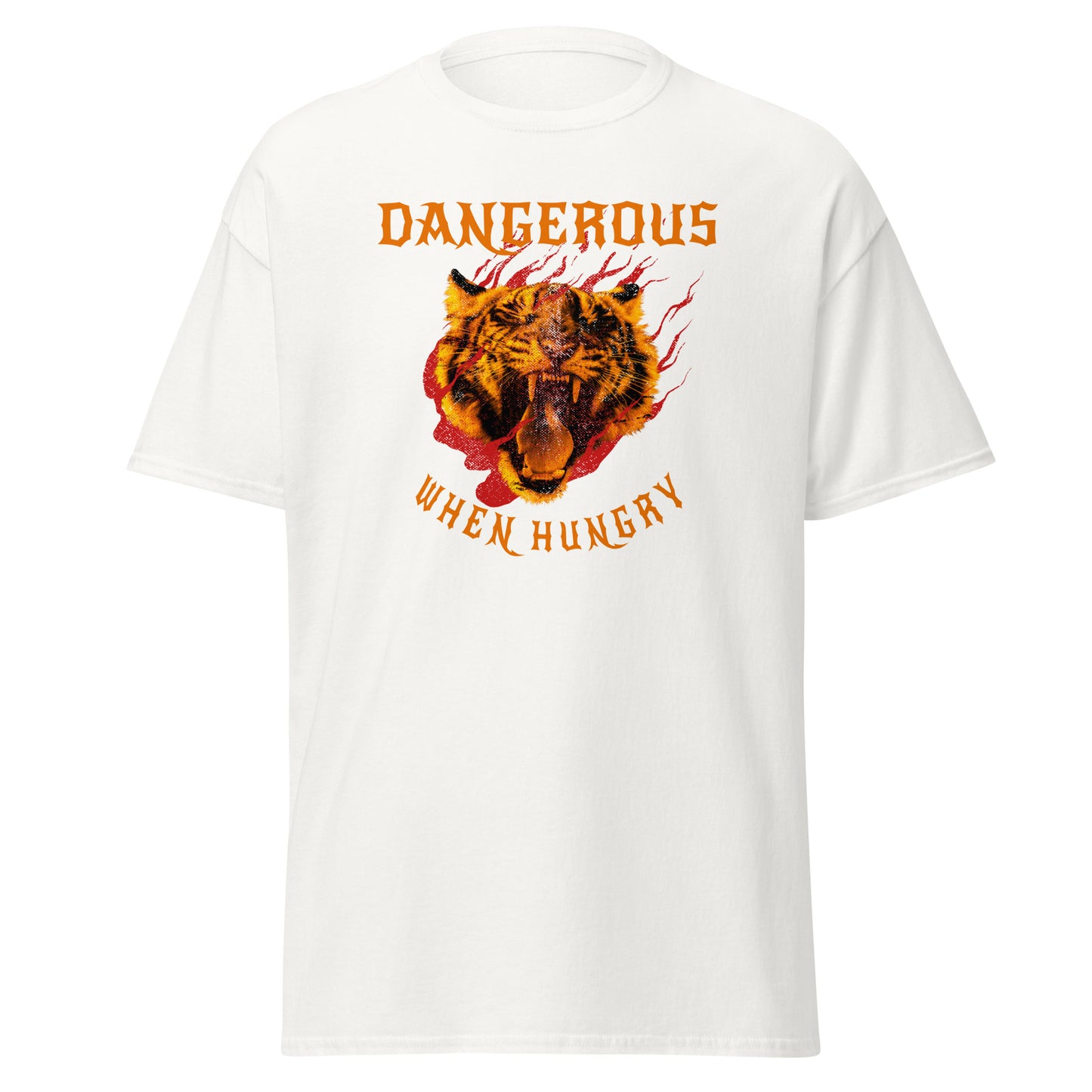 The Dangerous When Hungry T-Shirt by FunnyDripStore features a bold tiger head with flames and yellow-orange text reading DANGEROUS above and WHEN HUNGRY below—perfect for anyone who loves funny, eye-catching style.