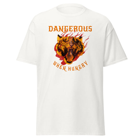 The Dangerous When Hungry T-Shirt by FunnyDripStore features a bold tiger head with flames and yellow-orange text reading DANGEROUS above and WHEN HUNGRY below—perfect for anyone who loves funny, eye-catching style.