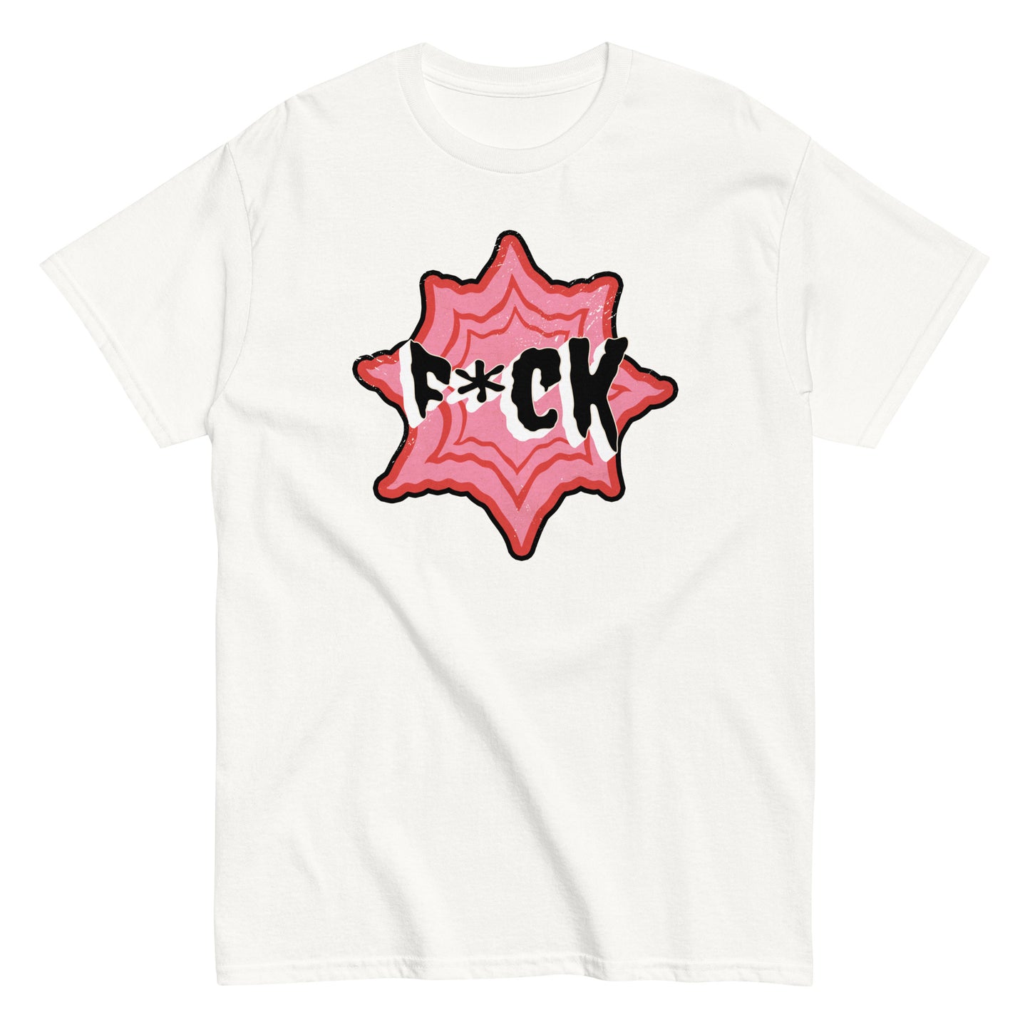 The F*ck T-Shirt by FunnyDripStore is a black tee with F*CK in bold black and white letters, a red asterisk as the U, all centered in a jagged red and pink starburst—a standout funny merch item.
