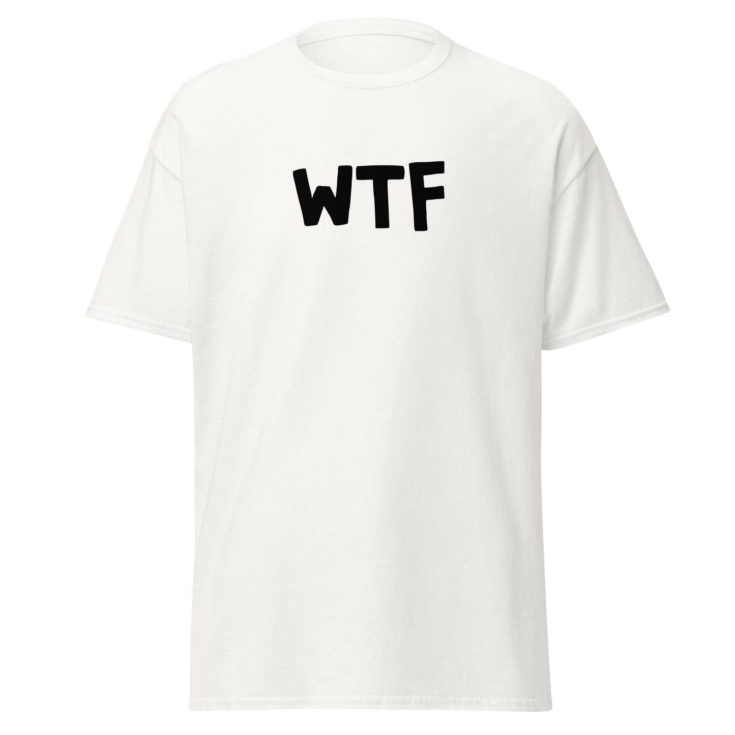 The WTF T-Shirt by FunnyDripStore is a black meme tee with bold, white, cartoon-style WTF lettering—ideal for anyone who loves wearing a funny t-shirt with attitude.