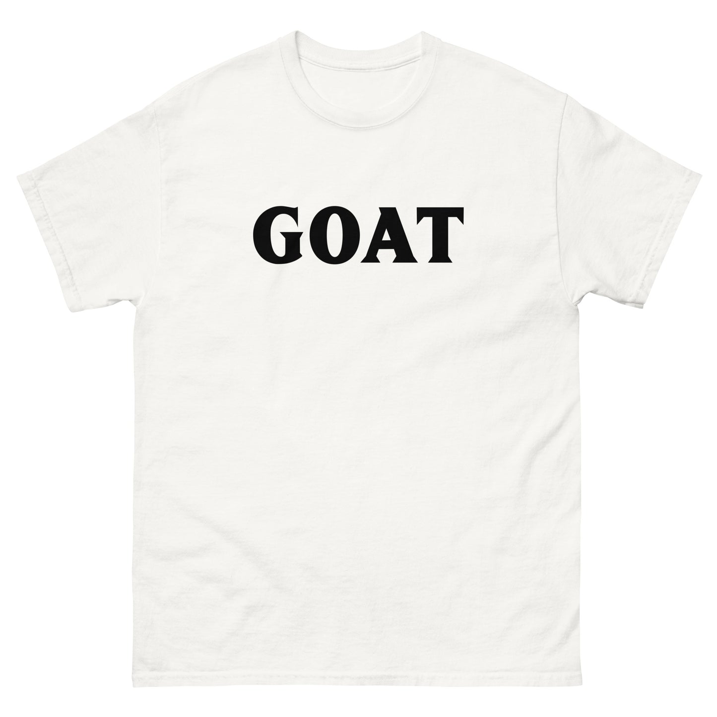 The GOAT T-Shirt by FunnyDripStore is a plain white tee with GOAT in bold, black letters across the chest—an ideal meme shirt for fans of funny clothing.