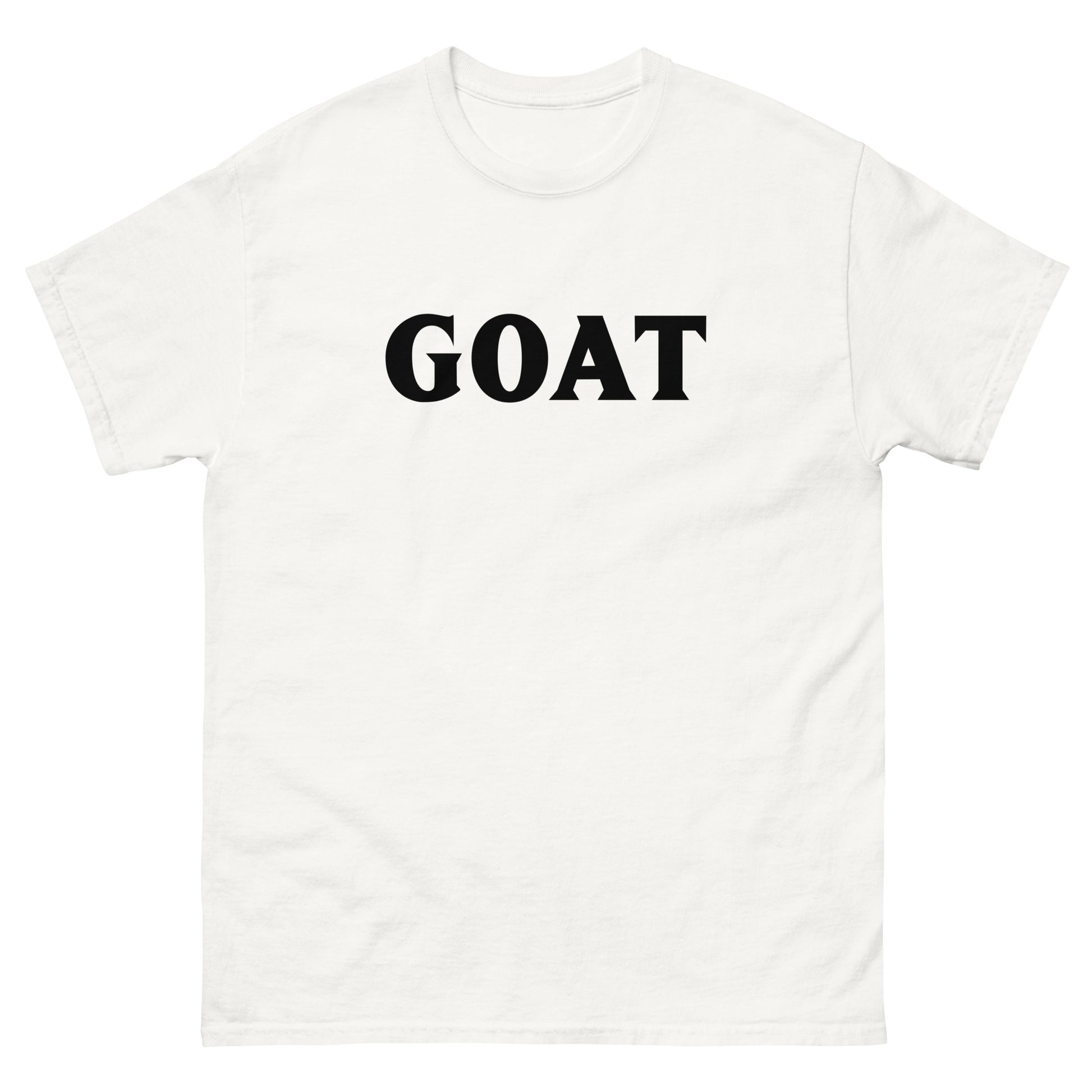 The GOAT T-Shirt by FunnyDripStore is a plain white tee with GOAT in bold, black letters across the chest—an ideal meme shirt for fans of funny clothing.