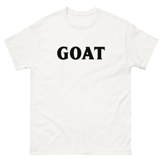 The GOAT T-Shirt by FunnyDripStore is a plain white tee with GOAT in bold, black letters across the chest—an ideal meme shirt for fans of funny clothing.