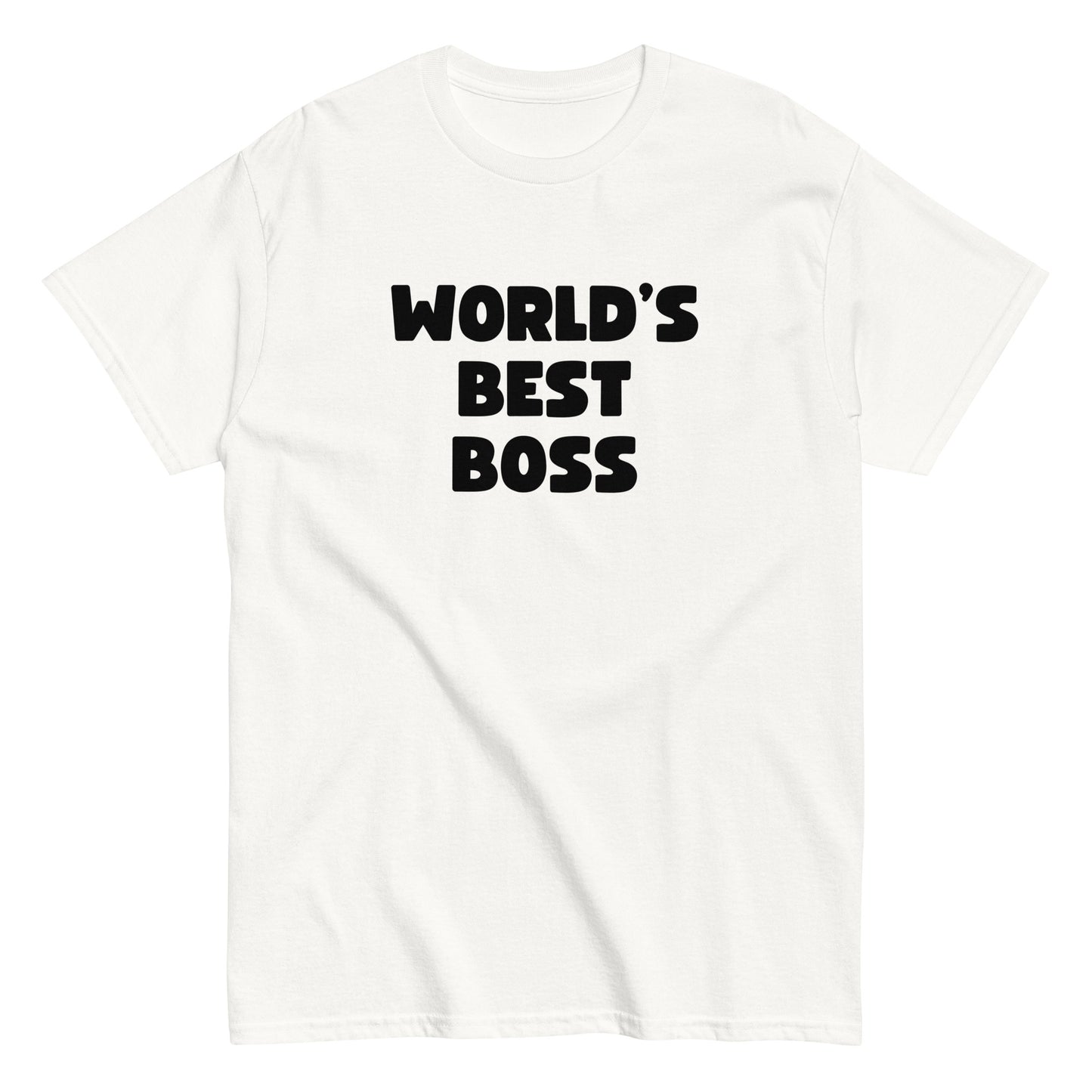 The Worlds Best Boss T-Shirt by FunnyDripStore features bold, white playful lettering on black—perfect as a funny shirt and must-have merch for fans of humorous style.