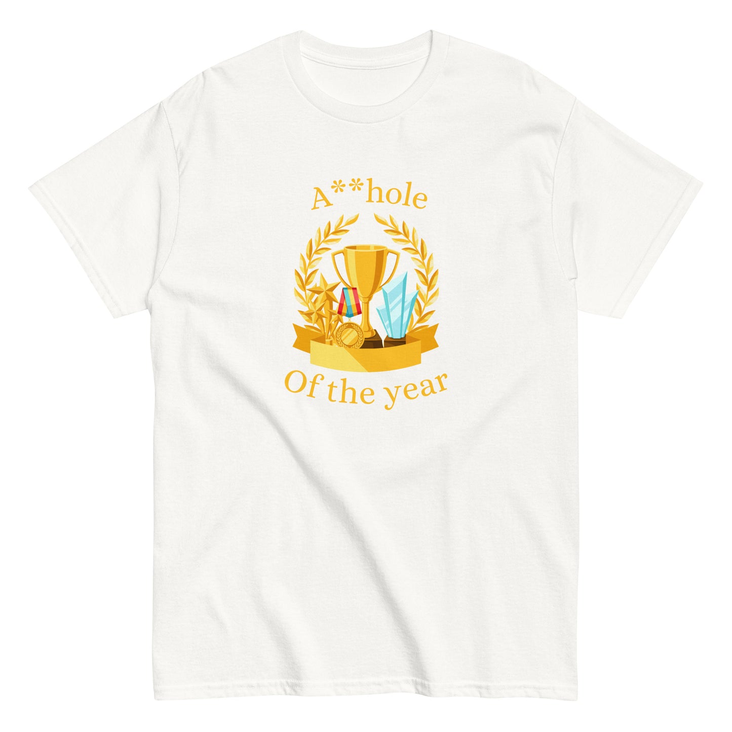 The A**hole Of The Year T-Shirt by FunnyDripStore features a black design with a gold trophy, medals, laurel wreath graphic, and bold yellow text. Perfect funny merch for anyone who loves standout humor.