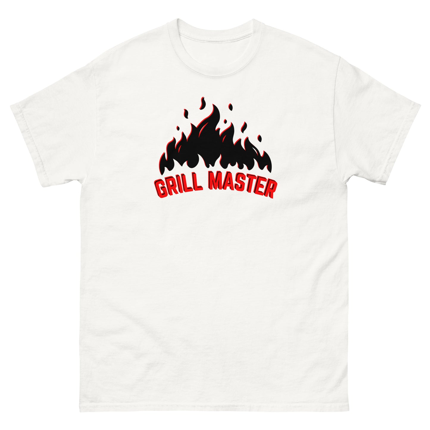 The Grill Master T-Shirt by FunnyDripStore: a yellow tee with black flames above bold red GRILL MASTER text—funny merch perfect for any BBQ lover.
