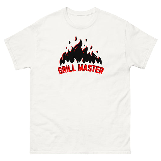 The Grill Master T-Shirt by FunnyDripStore: a yellow tee with black flames above bold red GRILL MASTER text—funny merch perfect for any BBQ lover.
