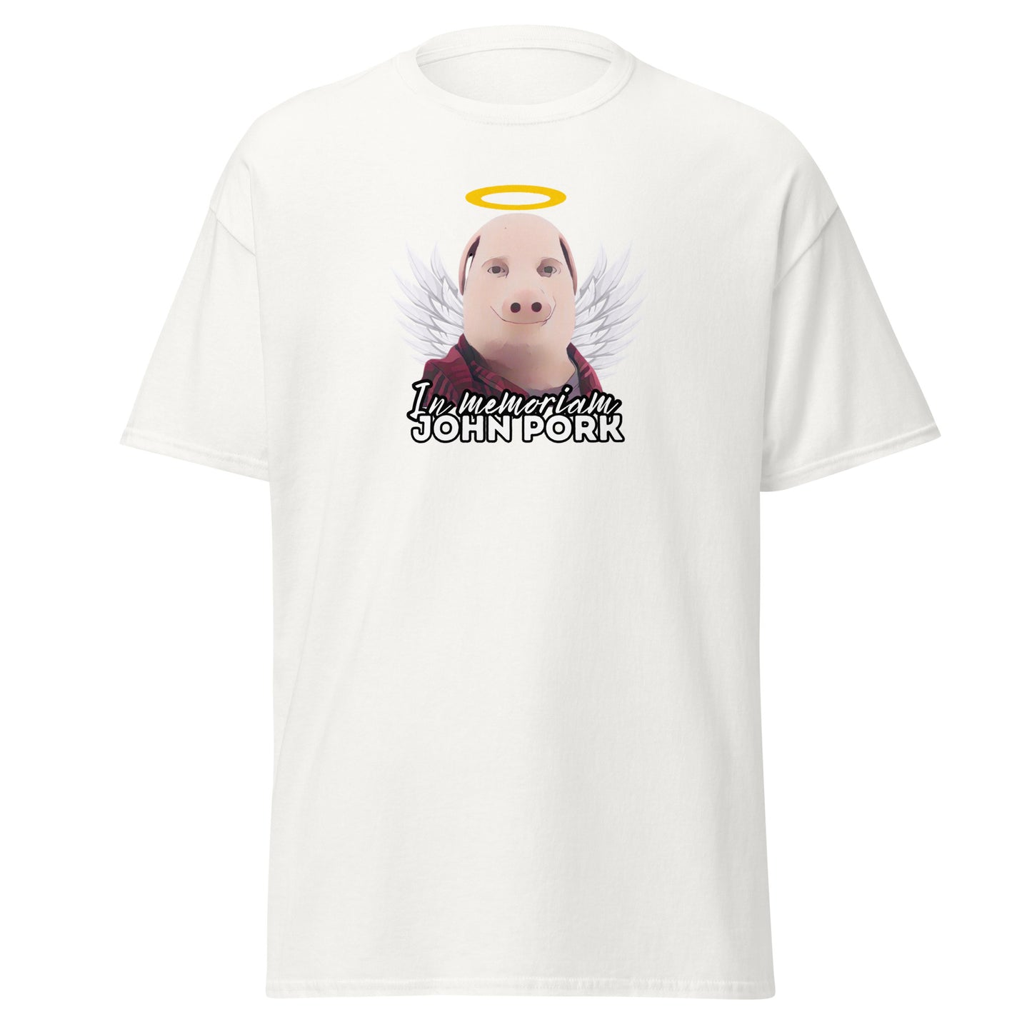 The John Pork T-Shirt by FunnyDripStore features a gray design with a pig’s head, angel wings, and yellow halo. Below, “In memoriam JOHN PORK” is printed—ideal for quirky style lovers who enjoy unique, humorous fashion.