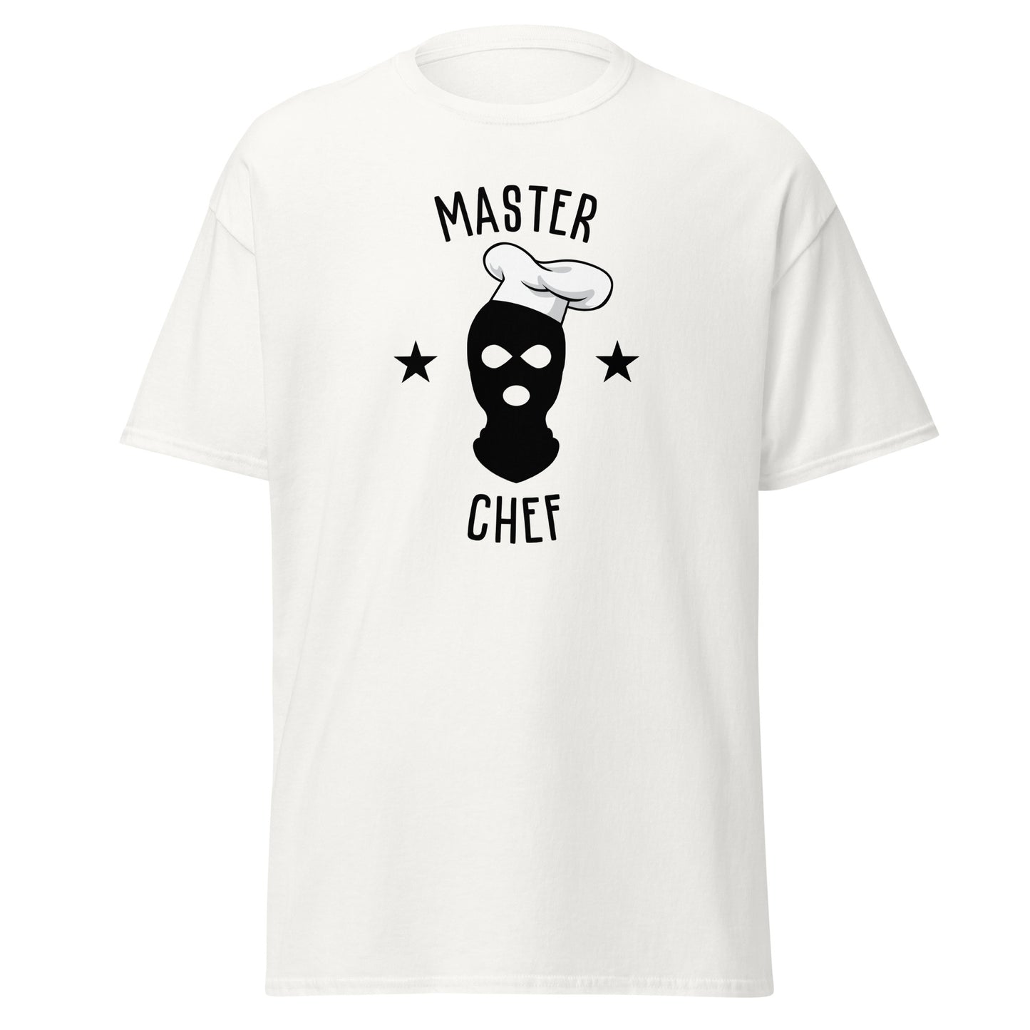 The Master Chef T-Shirt by FunnyDripStore features a black ski mask in a chef’s hat, two black stars, and bold “MASTER CHEF” text above and below the graphic.