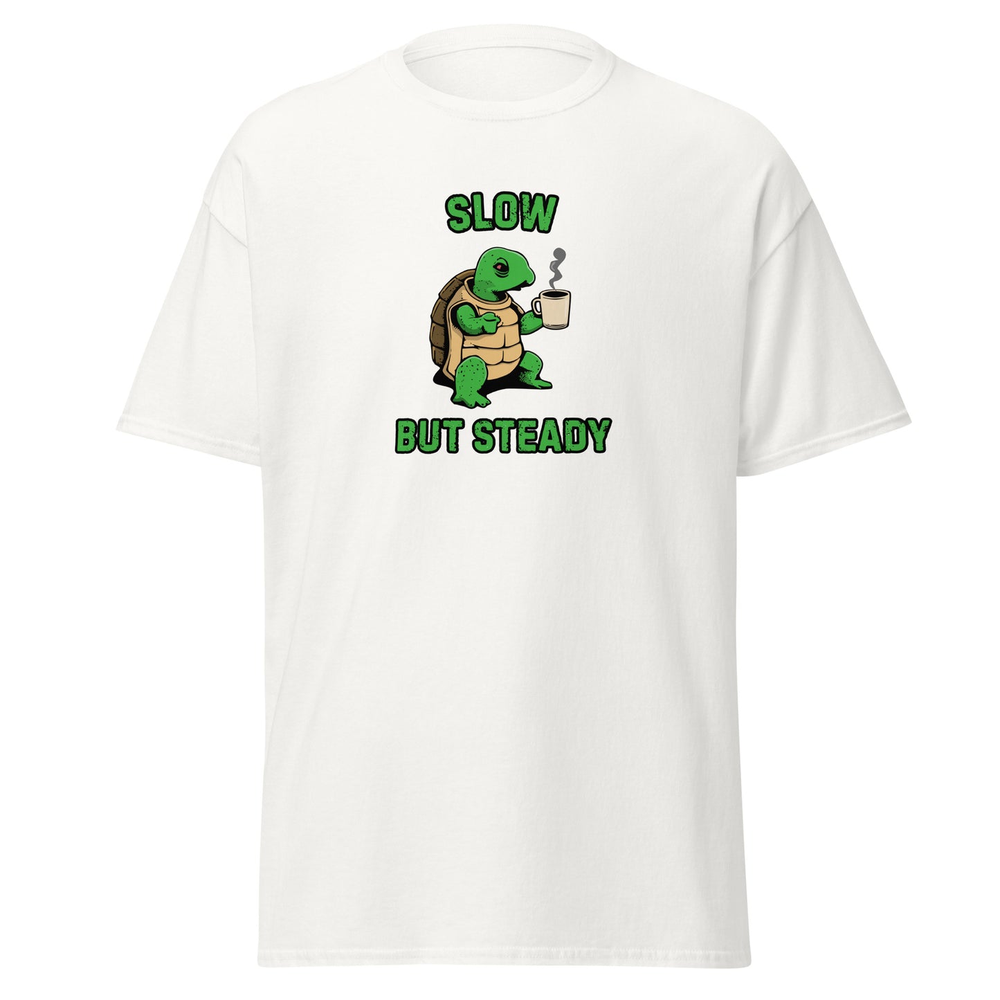 The FunnyDripStore Slow But Steady T-Shirt is a black tee with a cartoon turtle holding a coffee mug and SLOW above and BUT STEADY below in green—perfect meme shirt for coffee lovers.