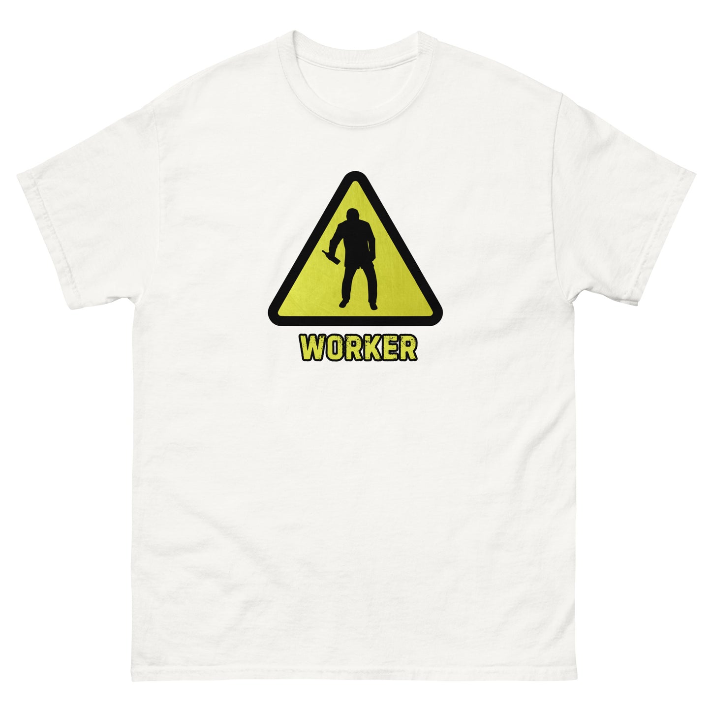 The Worker T-Shirt by FunnyDripStore features a yellow triangular warning sign with a worker silhouette and bold yellow WORKER text on black—a funny shirt for anyone who enjoys meme apparel and humorous graphic tees.