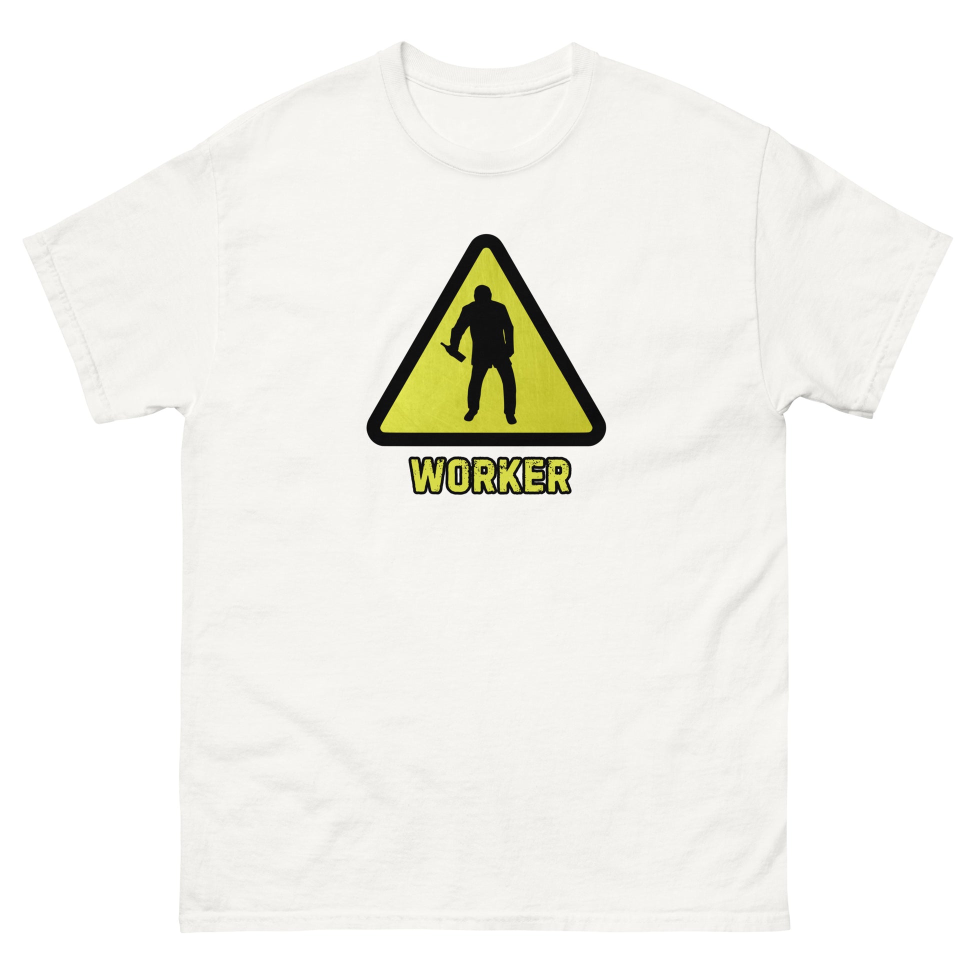 The Worker T-Shirt by FunnyDripStore features a yellow triangular warning sign with a worker silhouette and bold yellow WORKER text on black—a funny shirt for anyone who enjoys meme apparel and humorous graphic tees.
