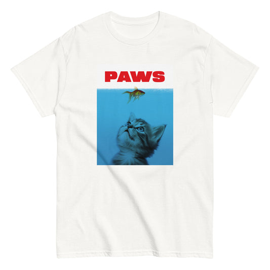 The Paws T-Shirt by FunnyDripStore features a kitten underwater eyeing a goldfish, with PAWS in bold red— a humorous meme shirt parodying the classic Jaws poster.