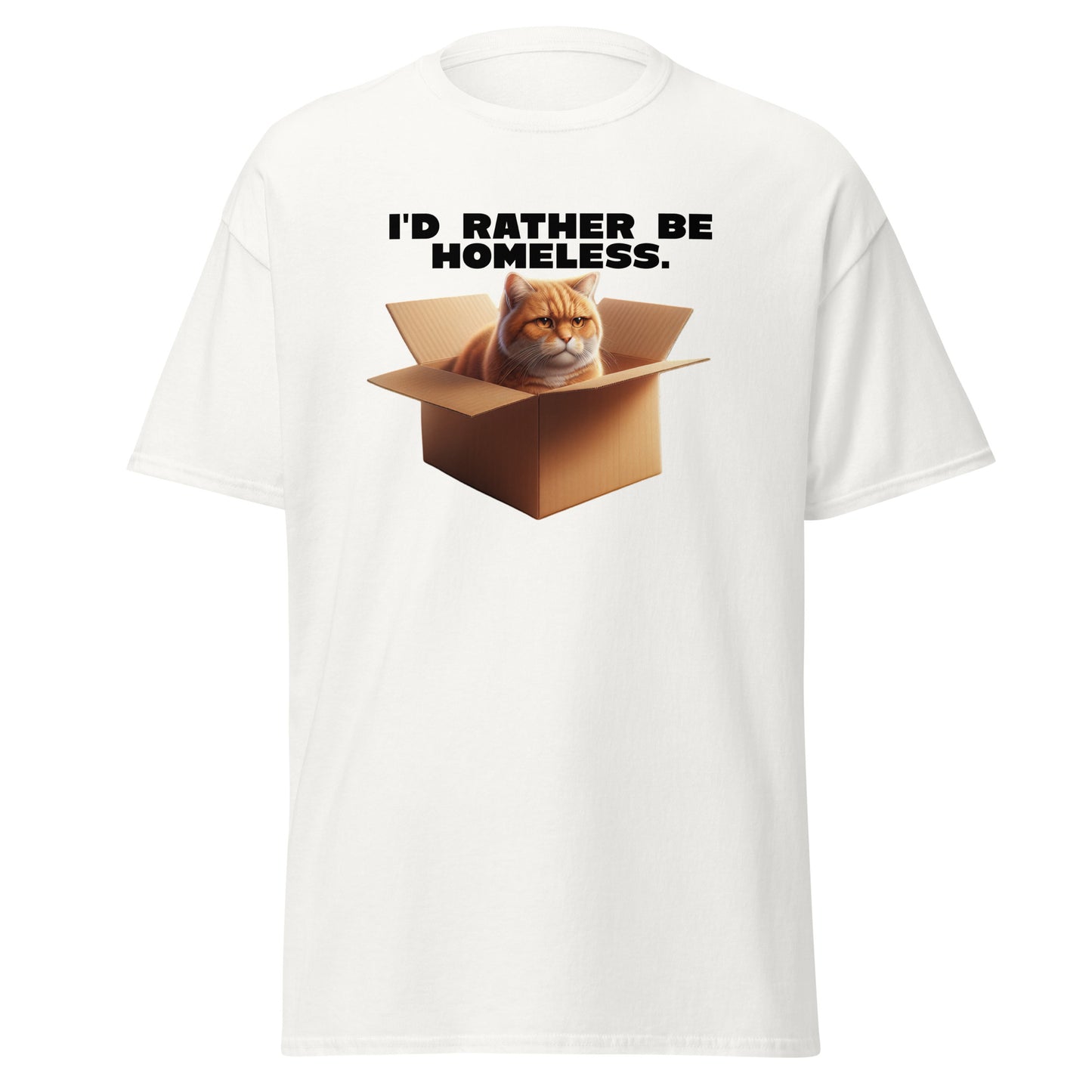 The Id Rather Be Homeless T-Shirt by FunnyDripStore features a grumpy orange cat in a box on a gold tee—perfect quirky merch for cat lovers and fans of clever text shirts.
