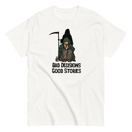 The FunnyDripStore Bad Decisions Good Stories T-Shirt is a white tee featuring a cartoon Grim Reaper with a drink and cigarette, plus bold text—perfect for fans of witty and funny style.