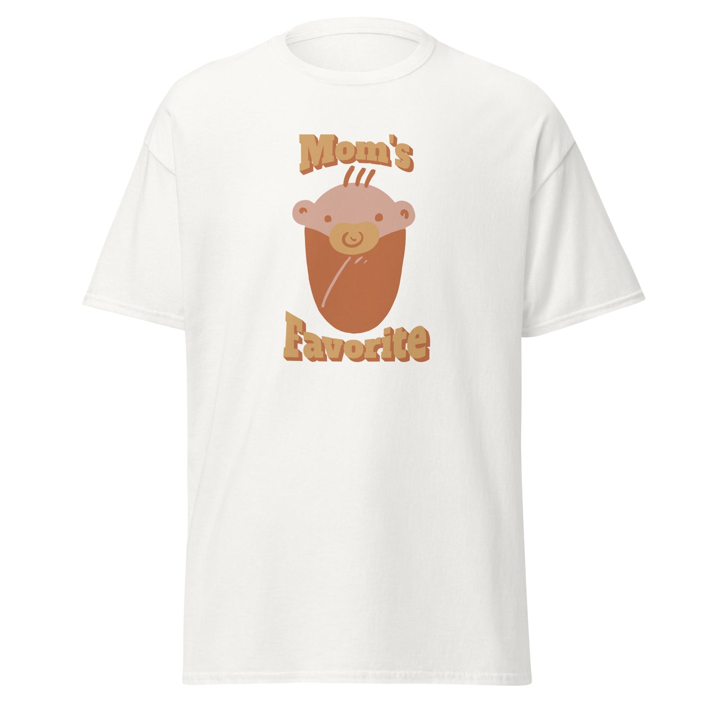 FunnyDripStore’s Moms Favorite T-Shirt in black features a cartoon baby face with a pacifier and “Moms Favorite” text in light brown—a playful, funny tee perfect for anyone who loves to show off their sense of humor!.