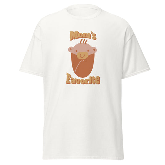 FunnyDripStore’s Moms Favorite T-Shirt in black features a cartoon baby face with a pacifier and “Moms Favorite” text in light brown—a playful, funny tee perfect for anyone who loves to show off their sense of humor!.