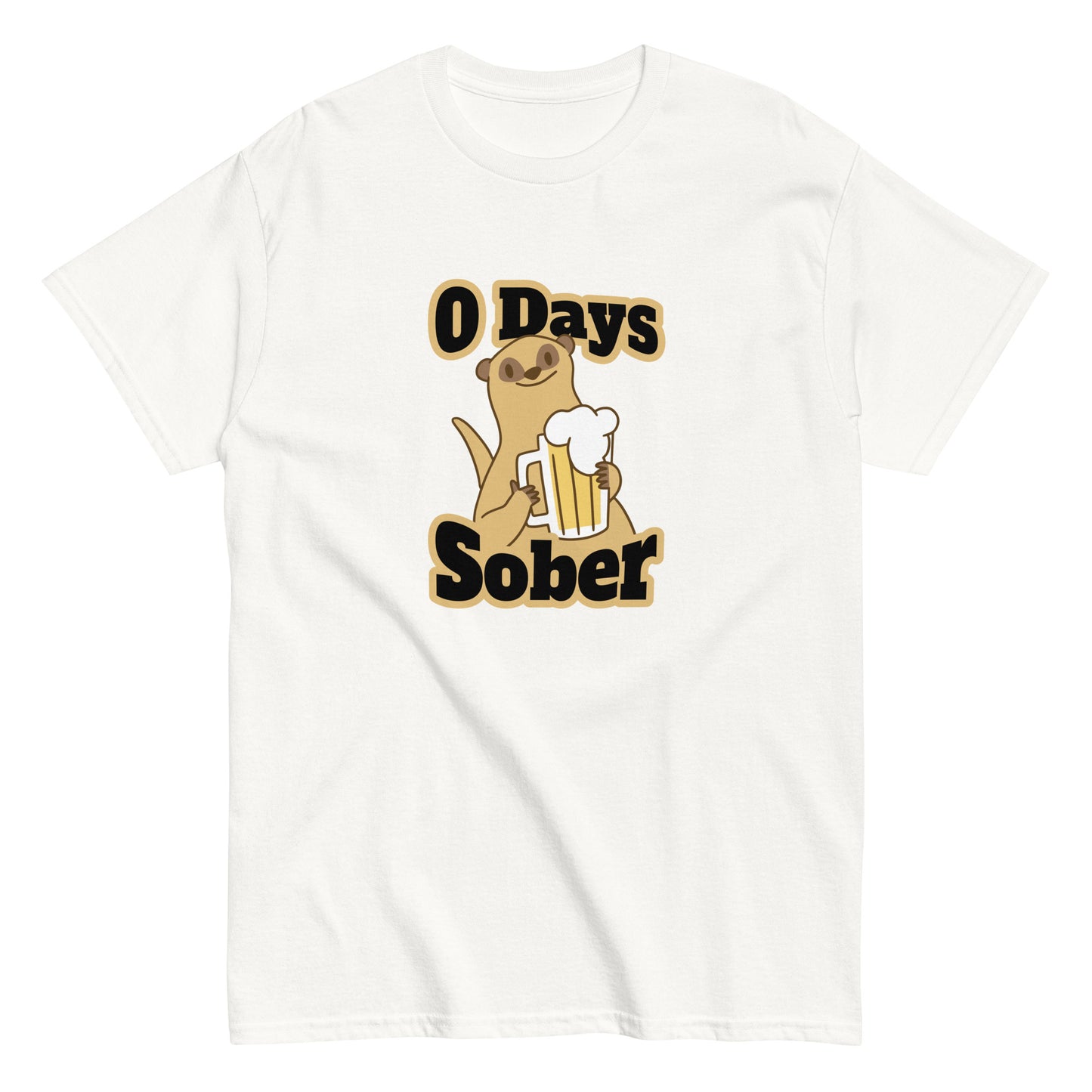 The 0 Days Sober T-Shirt by FunnyDripStore features a cartoon meerkat with a beer mug and bold 0 Days Sober text, printed on a navy shirt—ideal quirky, funny clothing for fans of humorous style.