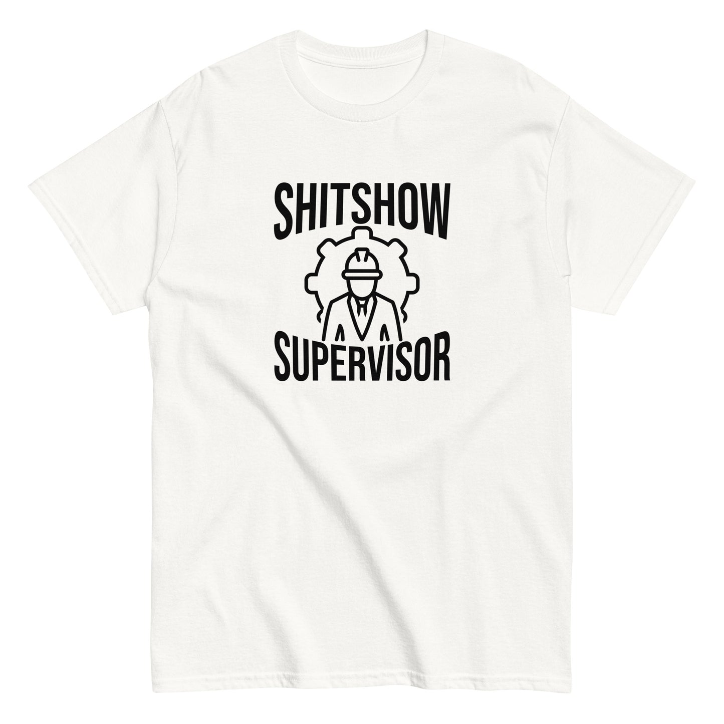 The Shitshow Supervisor T-Shirt by FunnyDripStore features “SHITSHOW SUPERVISOR” in white and a supervisor line drawing—perfect funny merch for meme lovers seeking humor tees.