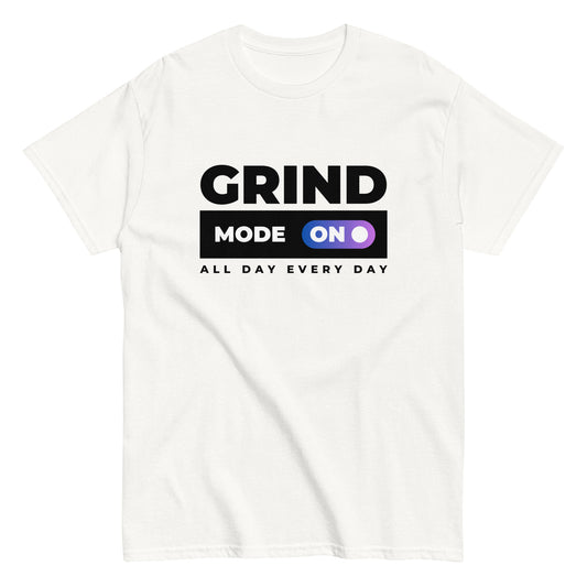 The Grind Mode On T-Shirt by FunnyDripStore features bold black GRIND MODE text with a purple ON switch icon on white. Below, ALL DAY EVERY DAY appears in smaller black text—a fun pick for nonstop hustlers.