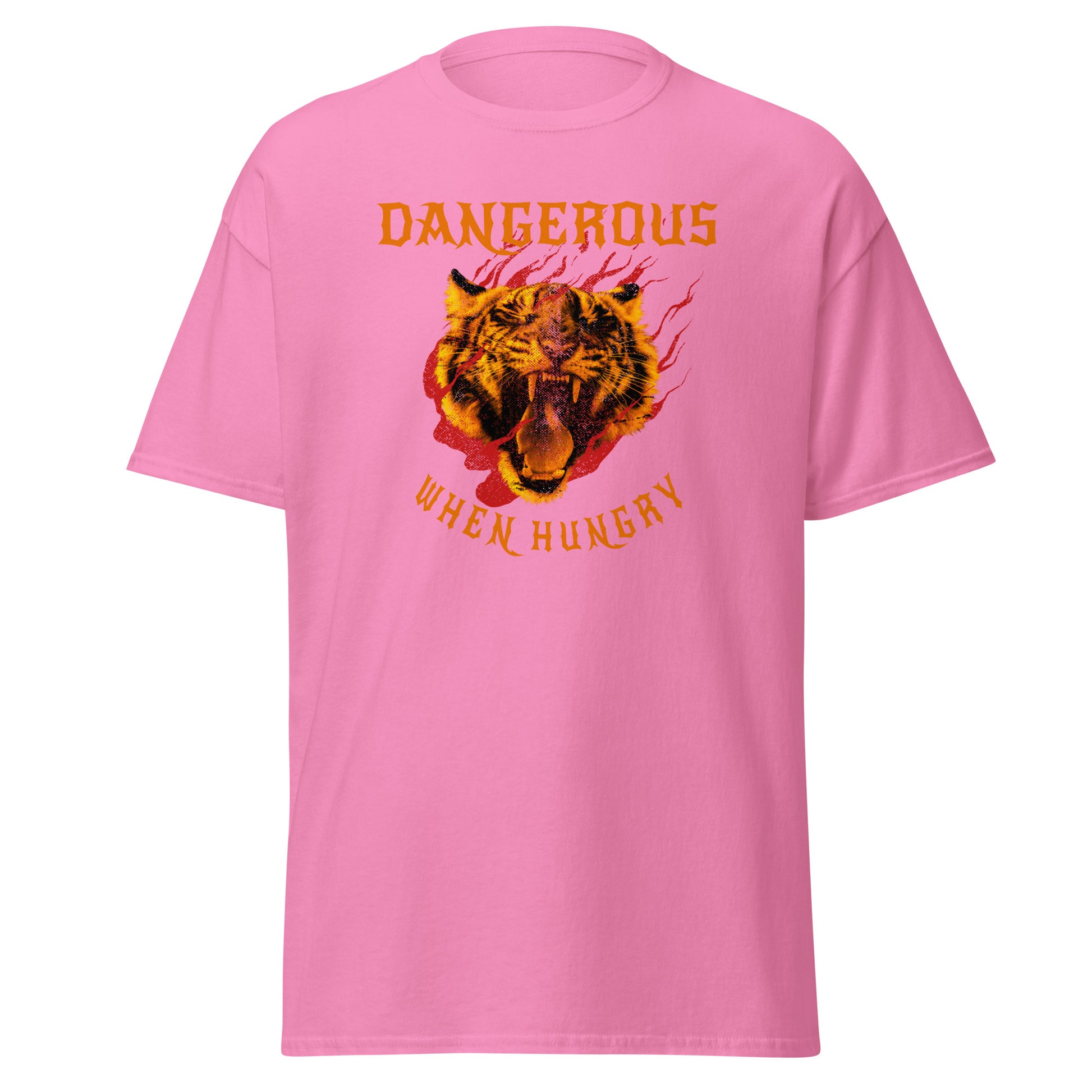 The Dangerous When Hungry T-Shirt by FunnyDripStore features a bold tiger head with flames and yellow-orange text reading DANGEROUS above and WHEN HUNGRY below—perfect for anyone who loves funny, eye-catching style.