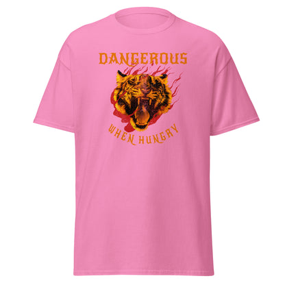 The Dangerous When Hungry T-Shirt by FunnyDripStore features a bold tiger head with flames and yellow-orange text reading DANGEROUS above and WHEN HUNGRY below—perfect for anyone who loves funny, eye-catching style.