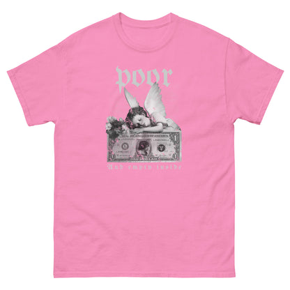 The Poor And Empty Inside T-Shirt by FunnyDripStore features a sad angel on a dollar bill, white flowers, and gothic poor (above) and And empty inside (below)—a perfect meme shirt for fans of funny apparel.