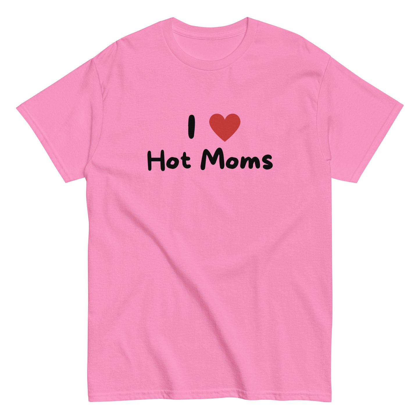 The I Love Hot Moms T-Shirt by FunnyDripStore is a purple tee featuring I [heart] Hot Moms in white text with a red heart—a playful, funny shirt perfect for your collection.