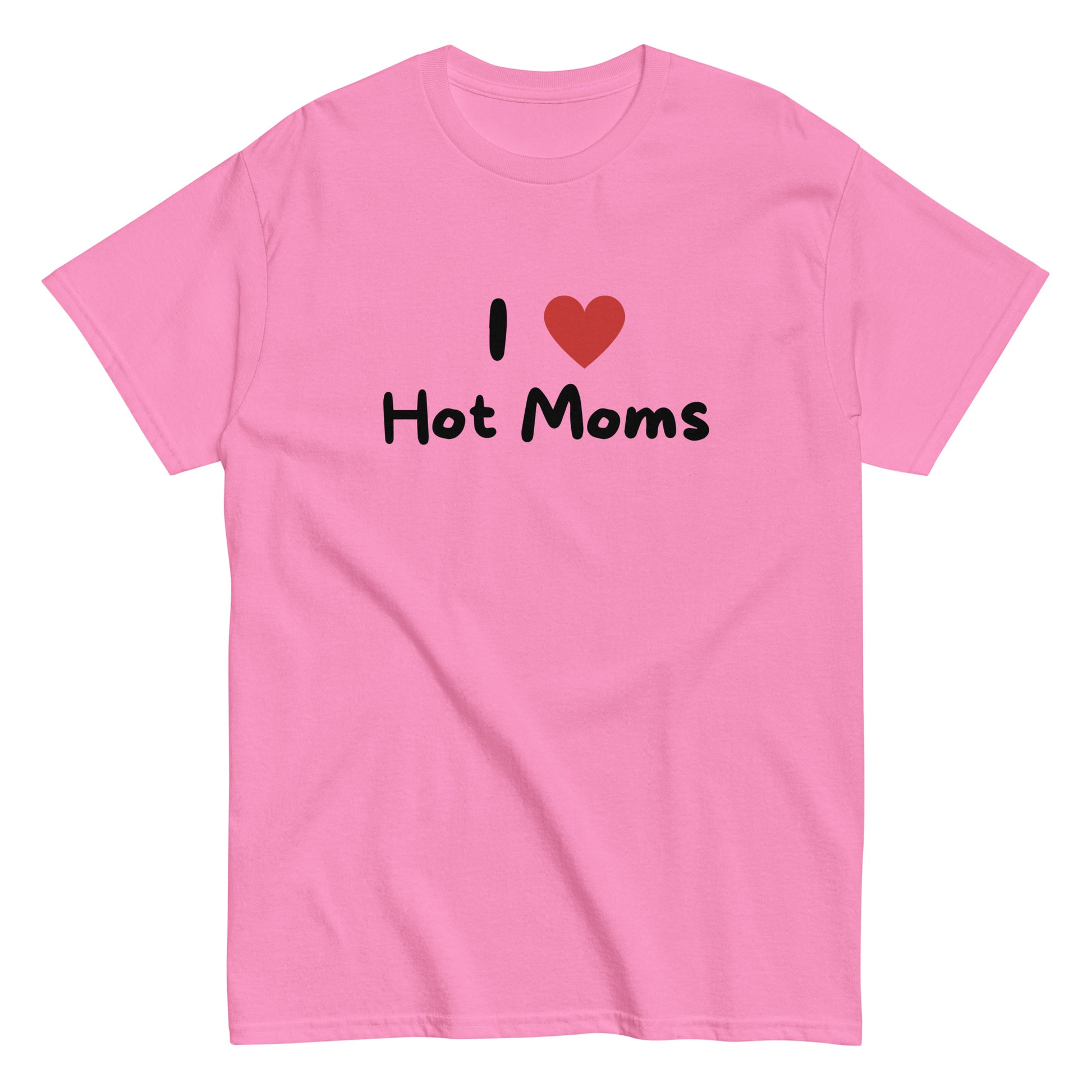 The I Love Hot Moms T-Shirt by FunnyDripStore is a purple tee featuring I [heart] Hot Moms in white text with a red heart—a playful, funny shirt perfect for your collection.