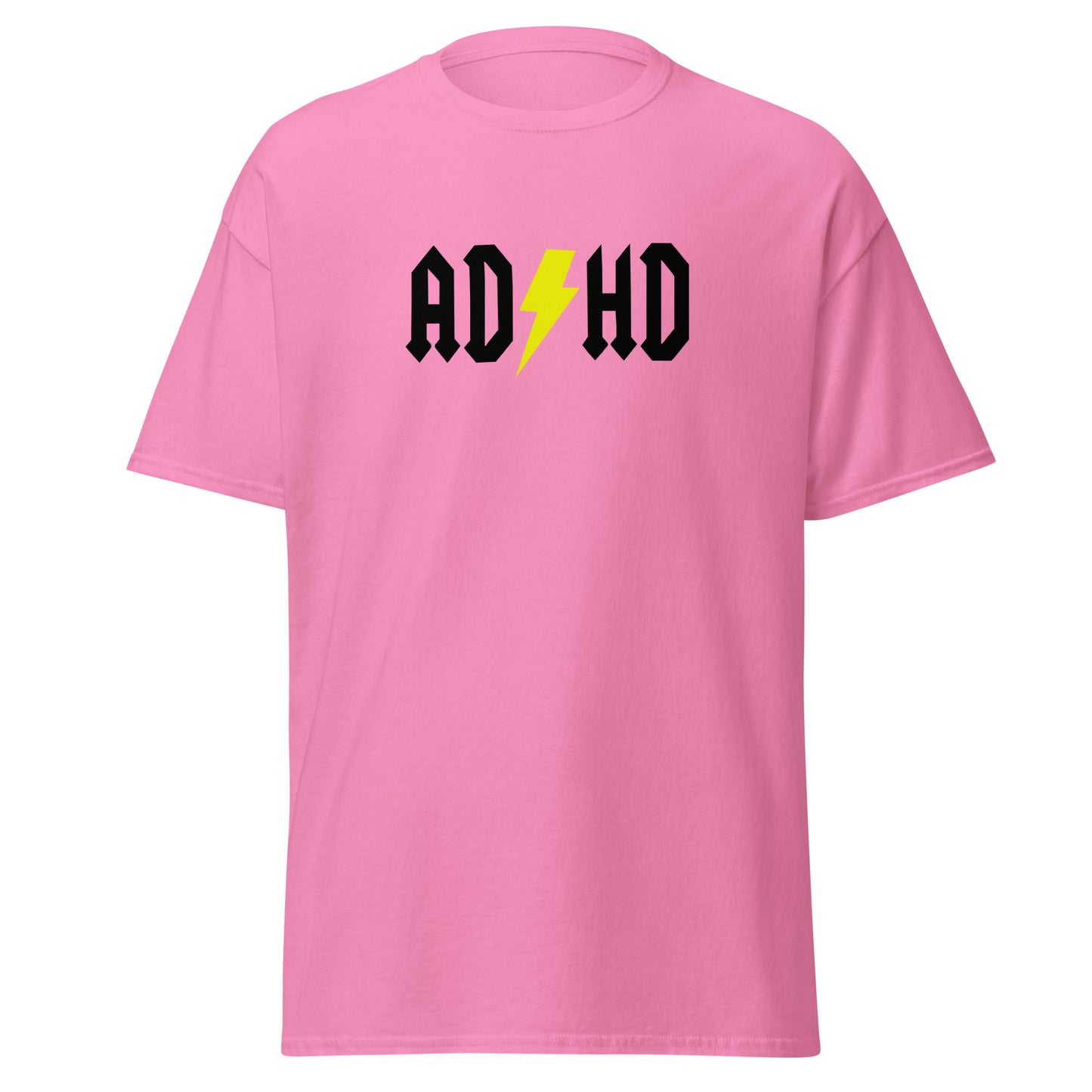 The ADHD T-Shirt by FunnyDripStore features ADHD in bold white letters with a yellow lightning bolt as the second H, styled like the AC/DC logo—a great gift for anyone who loves funny graphic tees.