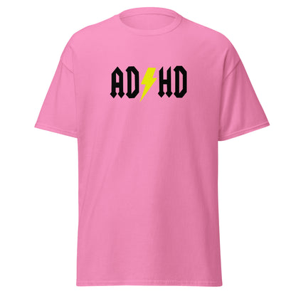The ADHD T-Shirt by FunnyDripStore features ADHD in bold white letters with a yellow lightning bolt as the second H, styled like the AC/DC logo—a great gift for anyone who loves funny graphic tees.