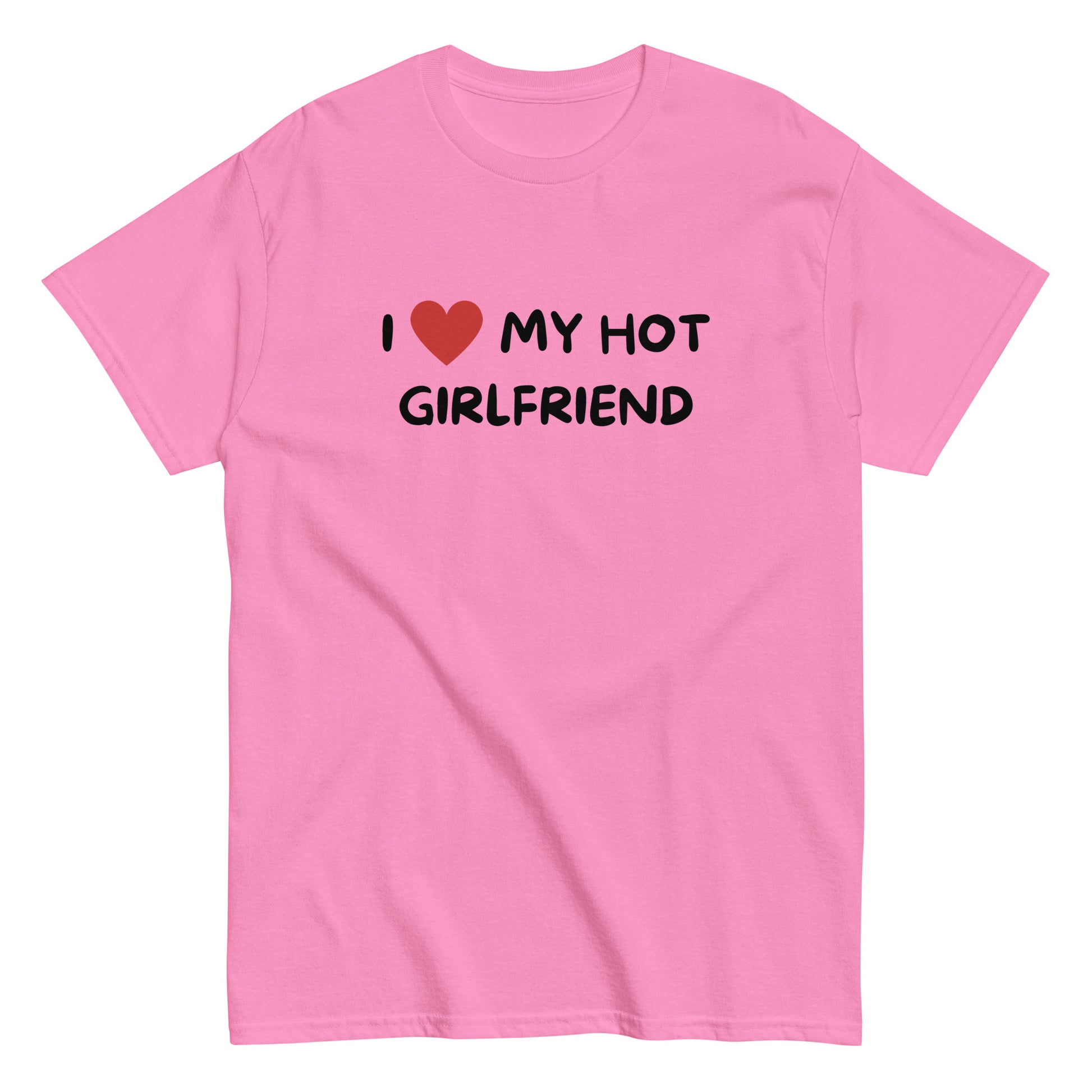 The I Love My Hot Girlfriend T-Shirt by FunnyDripStore features bold white lettering and a red heart on a purple shirt—a fun, standout choice for anyone who loves quirky and eye-catching clothing.
