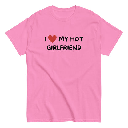 The I Love My Hot Girlfriend T-Shirt by FunnyDripStore features bold white lettering and a red heart on a purple shirt—a fun, standout choice for anyone who loves quirky and eye-catching clothing.