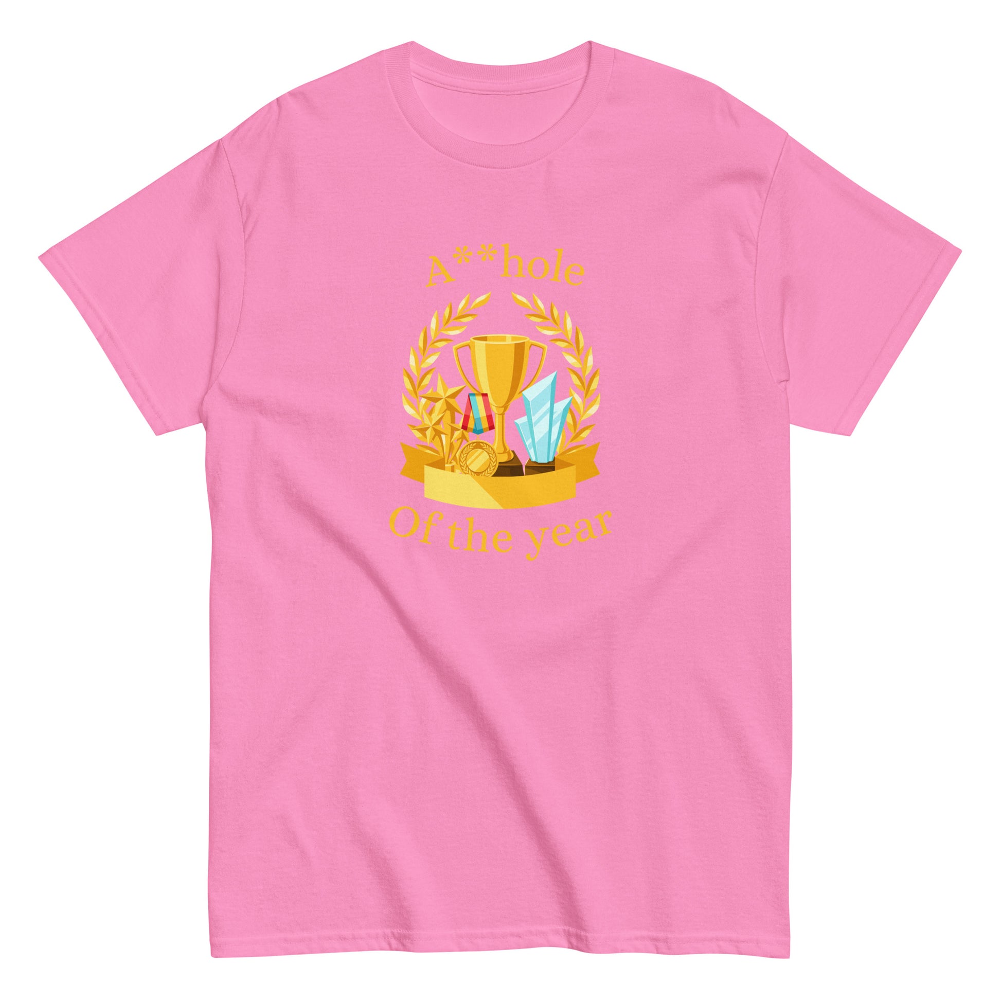 The A**hole Of The Year T-Shirt by FunnyDripStore features a black design with a gold trophy, medals, laurel wreath graphic, and bold yellow text. Perfect funny merch for anyone who loves standout humor.