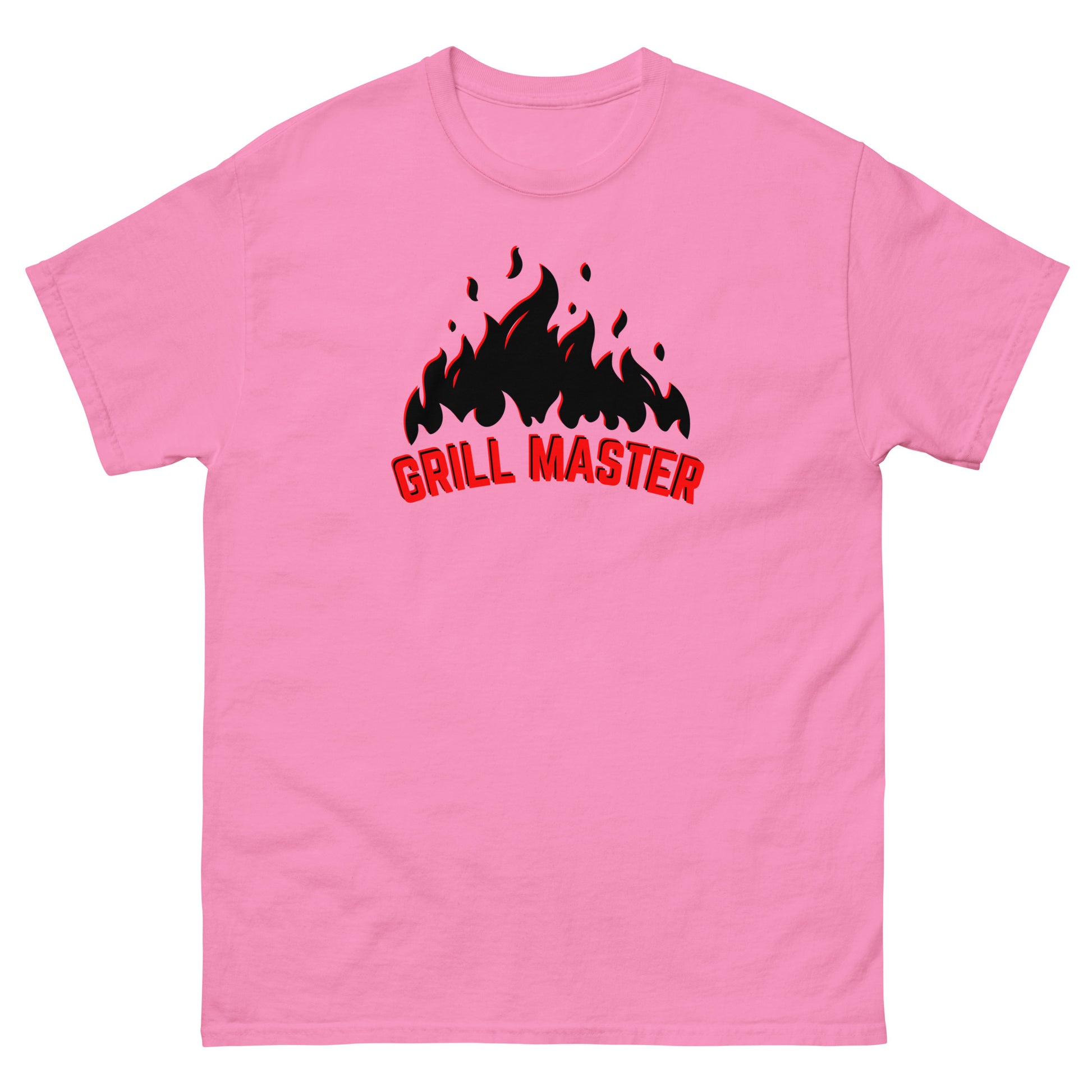 The Grill Master T-Shirt by FunnyDripStore: a yellow tee with black flames above bold red GRILL MASTER text—funny merch perfect for any BBQ lover.