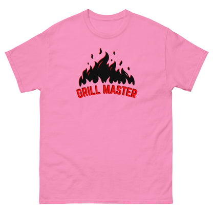The Grill Master T-Shirt by FunnyDripStore: a yellow tee with black flames above bold red GRILL MASTER text—funny merch perfect for any BBQ lover.