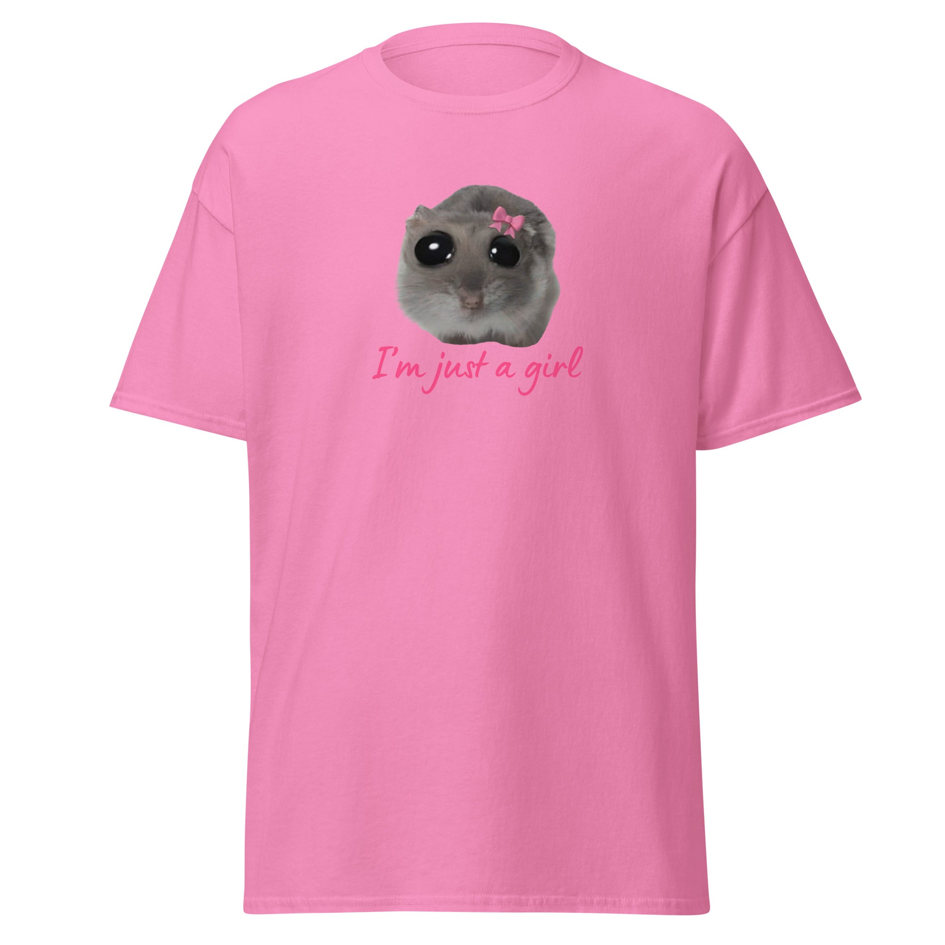 The Im Just A Girl T-Shirt from FunnyDripStore features a cute hamster with a pink bow and large eyes, plus “Im just a girl” in pink cursive—perfect for anyone who loves adorable, quirky text shirts.