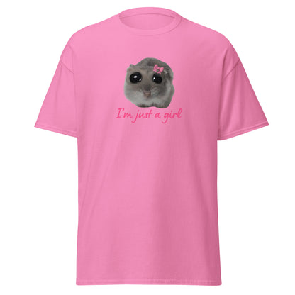The Im Just A Girl T-Shirt from FunnyDripStore features a cute hamster with a pink bow and large eyes, plus “Im just a girl” in pink cursive—perfect for anyone who loves adorable, quirky text shirts.