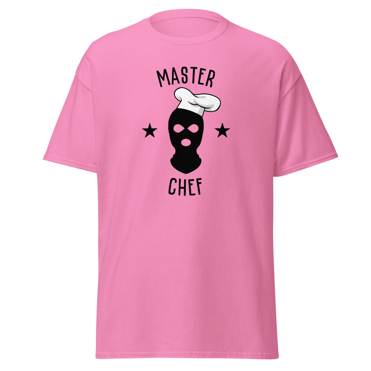 The Master Chef T-Shirt by FunnyDripStore features a black ski mask in a chef’s hat, two black stars, and bold “MASTER CHEF” text above and below the graphic.