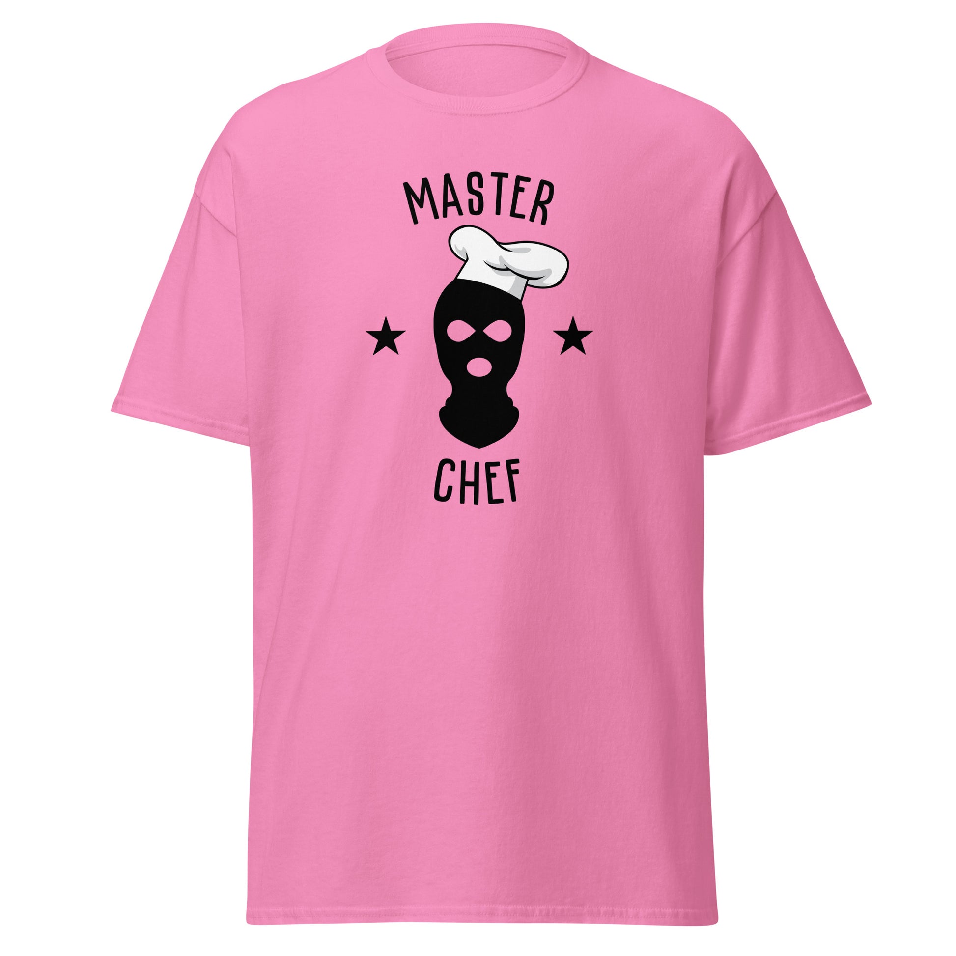 The Master Chef T-Shirt by FunnyDripStore features a black ski mask in a chef’s hat, two black stars, and bold “MASTER CHEF” text above and below the graphic.