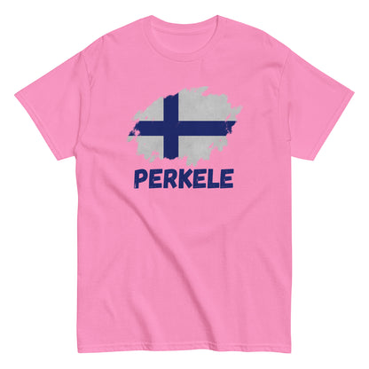 The Perkele T-Shirt by FunnyDripStore features a white design with a brushstroke Finnish flag above bold blue PERKELE text—a unique, funny tee for fans of quirky merch.