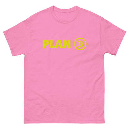 The Plan B T-Shirt from FunnyDripStore features PLAN in bold yellow letters and a yellow Bitcoin symbol inside a circle on the chest—a fun meme shirt perfect for fans of funny clothing.