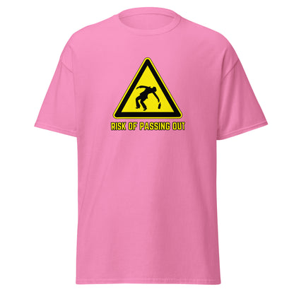 The Risk Of Passing Out T-Shirt by FunnyDripStore is a black tee with a yellow warning sign and “RISK OF PASSING OUT” text—a perfect meme shirt for fans of bold, humorous style.