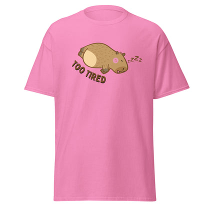 The Too Tired T-Shirt by FunnyDripStore is a white tee with a cute cartoon capybara sleeping on its side and TOO TIRED text—ideal for fans of funny clothing and charming, sleepy vibes.